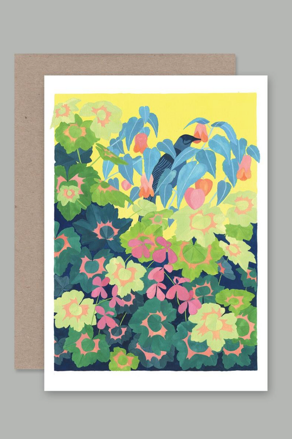 The Wattle Bird card by AHD. A field of various colored plants in pastel shades. 