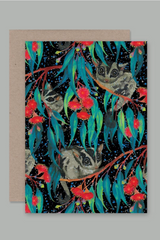 The cute Nocturnal card by AHD cards with cute creatures on top of branches. in the night sky. 