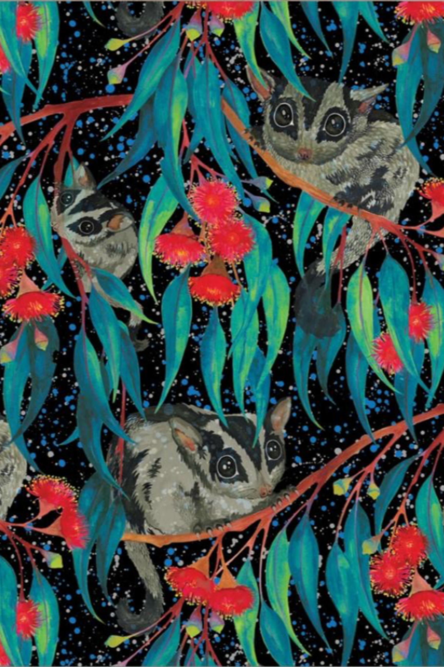 Detail of the Nocturnal card by AHD featuring night creatures on flowers branches in the night sky. ©AHD