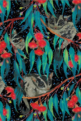 Detail of the Nocturnal card by AHD featuring night creatures on flowers branches in the night sky. 