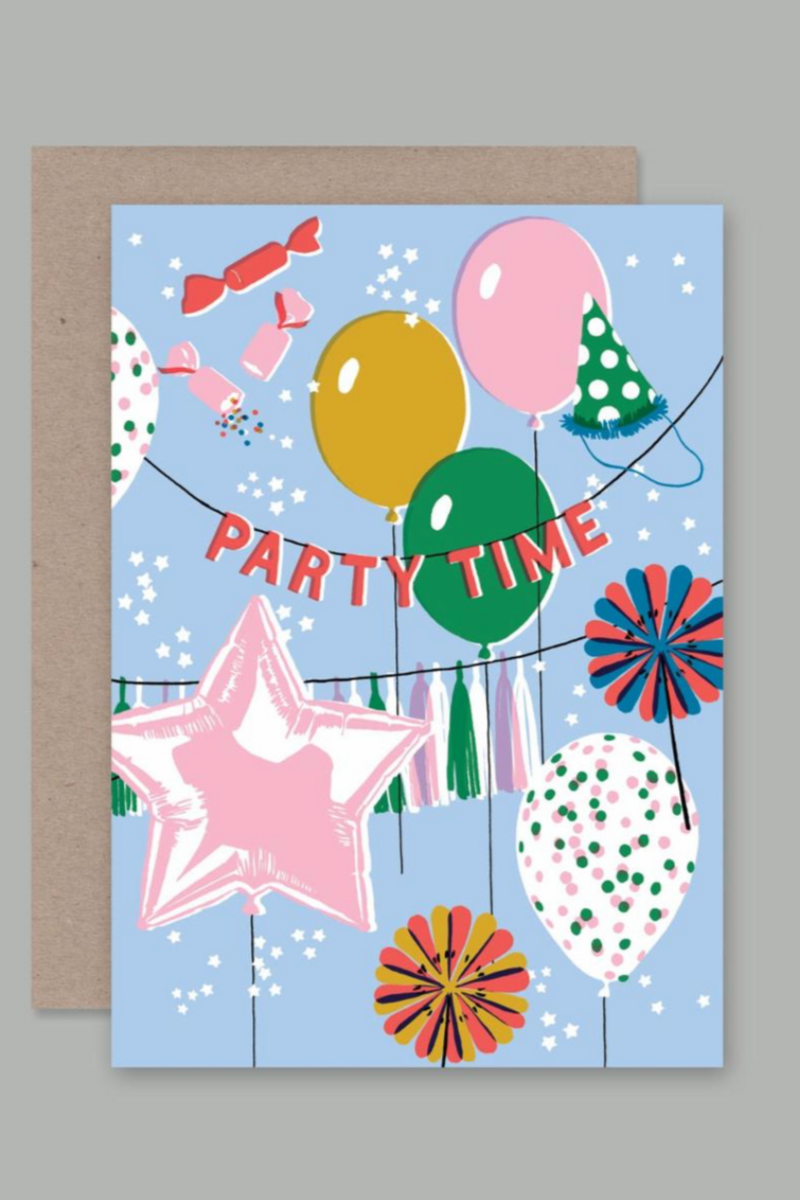 The Party Time card by AHD cards showing the front of the card with balloons and confetti and the words "Party Time"