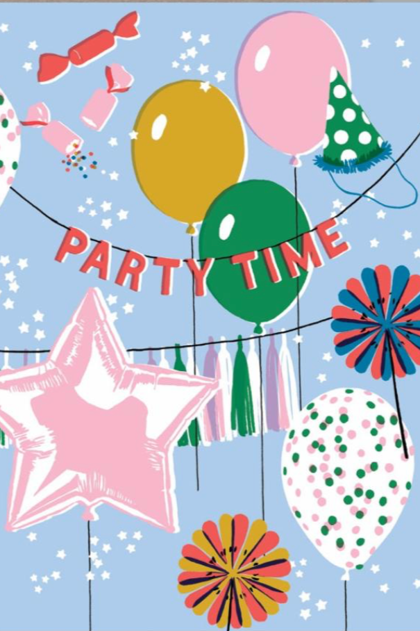 A detail image of the creative design on the AHD Party Time card showing the balloons and confetti. 