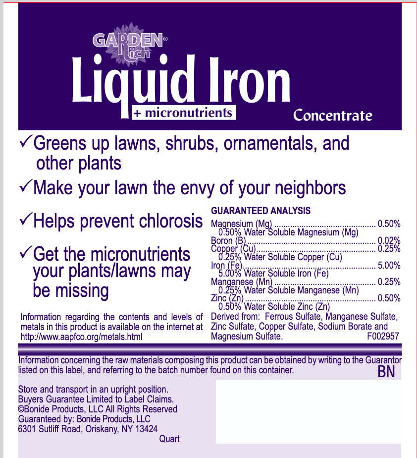 A square product label for Garden Liquid Iron + micronutrients Concentrate, showing a dark purple header with white text and a list of benefits, plus a small guaranteed analysis table and contact information at the bottom. ©Bonide