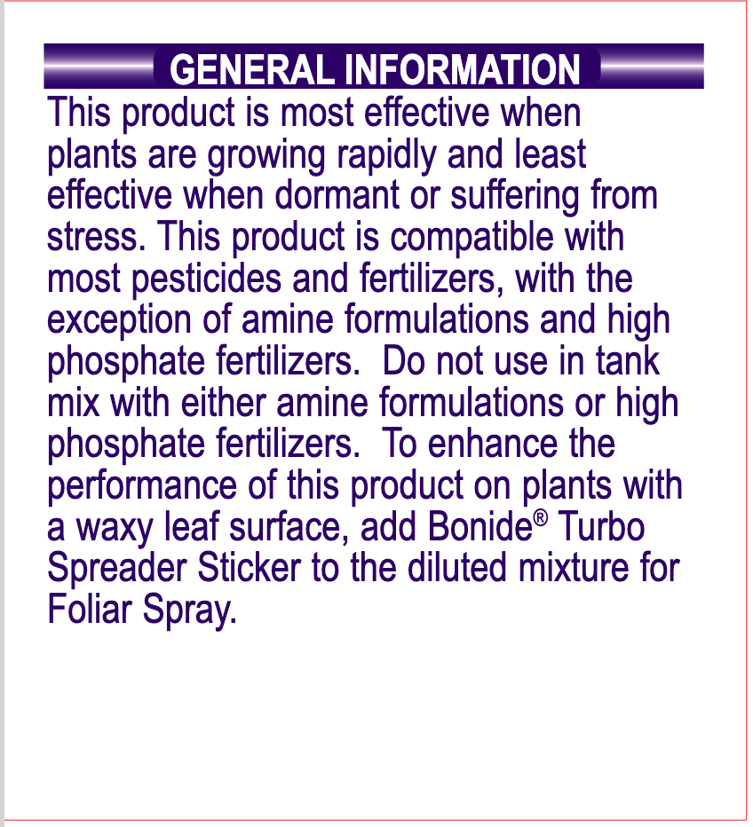 A text-based informational graphic with a purple header reading 'GENERAL INFORMATION' and blue-purple body text describing product compatibility and use for foliar spray. ©Bonide