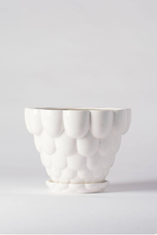 A white Jelly Planter by Angus & Celeste empty against a white wall. 