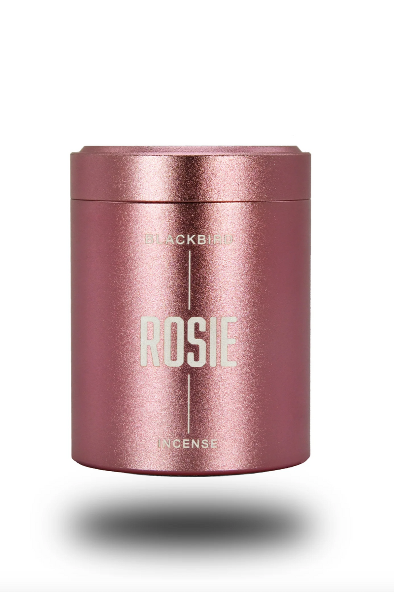 Rosie incense pink tin by Blackbird on a white background