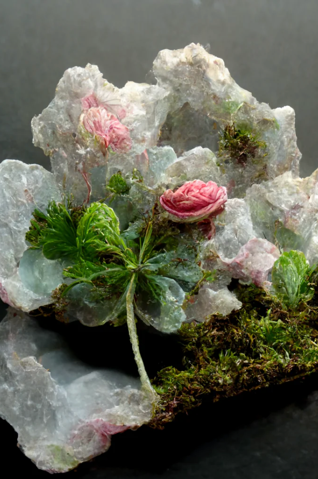 Crystals on top of moss with a flower and greens symbolizing the ingredients in Ai Blackbird incense.