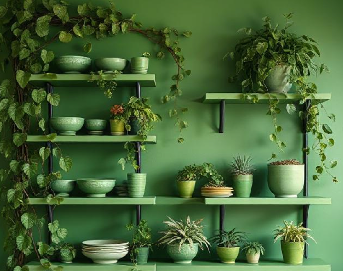 All shades of green. Green wall, green shelves with green homeware and potted plants surrounded by a vining plant on the wall.