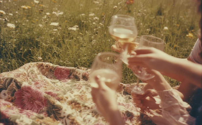 People toasting with glasses in a field of wildflowers sitting on a blanket
