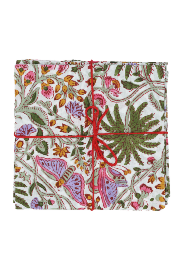 Suzette Cotton Napkins Primavera Cyprès tied with a red string. 