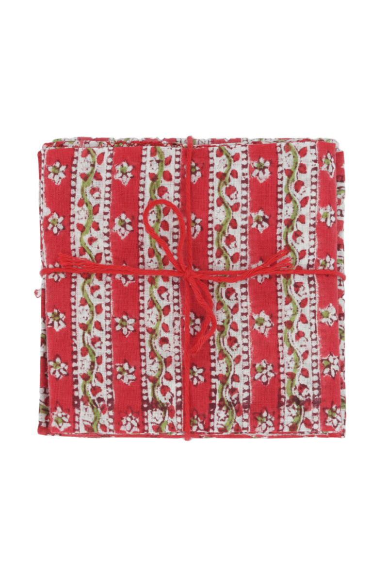 Suzette Cotton Napkins Sweet Pea tied with a red ribbon