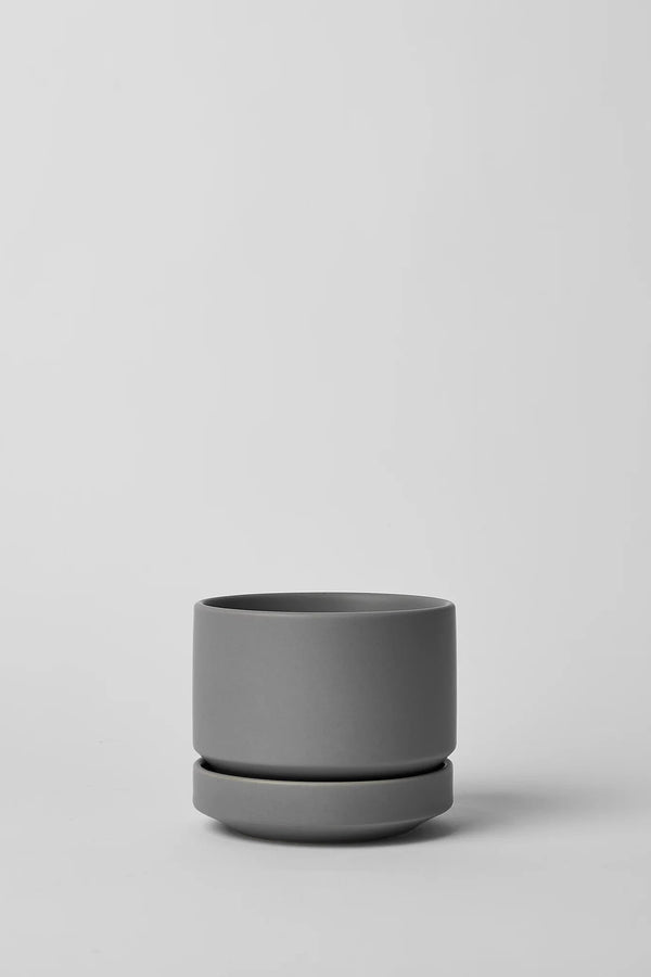 Gray Round Two planter by LBE Design Revival Ceramics empty shown from the side