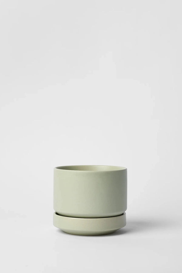 LBE Design Revival Ceramics Mint Round Two planter empty and viewed from the side.