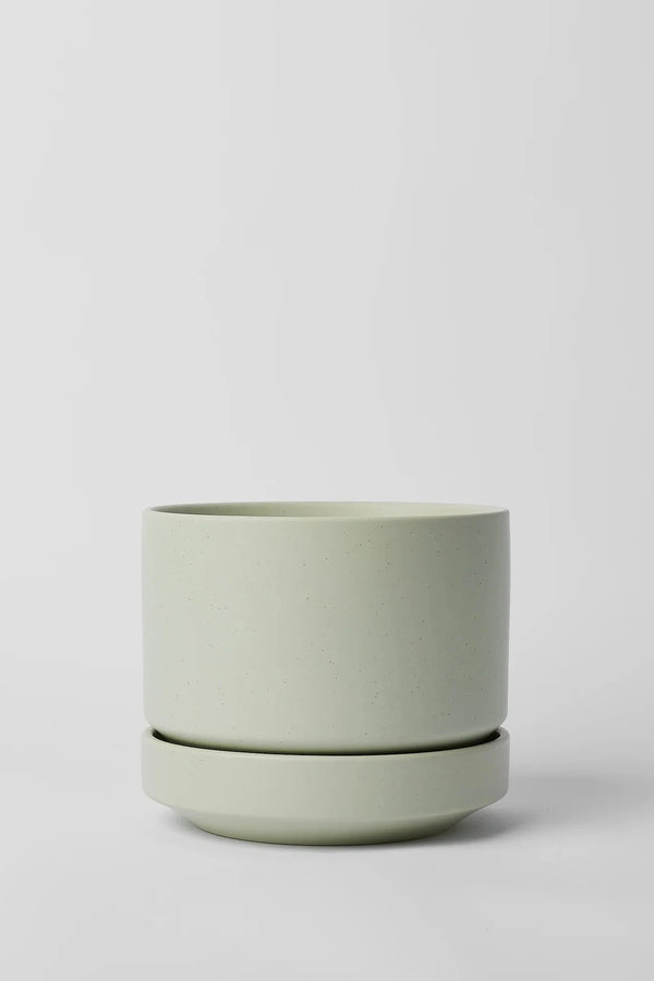 Mint Round Two Planter by LBE Design and Revival Ceramics empty viewed from the side.