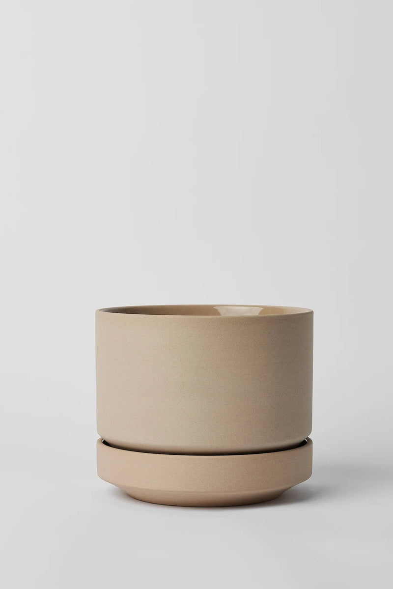 LBE Design Revival Ceramics Oatmeal Round Two planter shown from the side empty. 