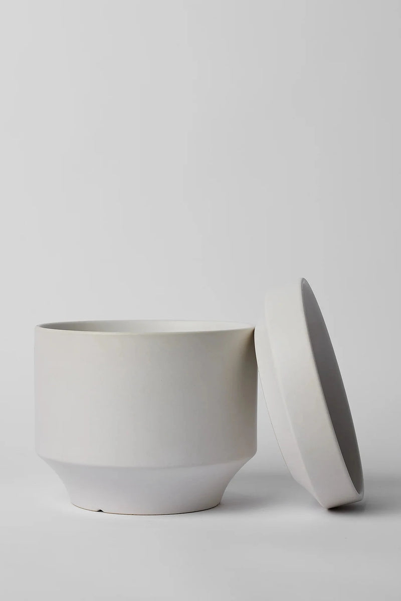 LBE Design Revival Ceramics Round Two Pot shown in white with its two parts separated.