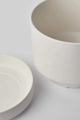 LBE Design Revival Ceramics Round Two Planter in White showing the main planter and the separated saucer 