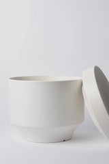 LBE Design Revival Ceramics Round Two Planter in White showing the pot and saucer separated.