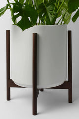 LBE Design The Fourteen White pot and dark teak stand with a plant inside 