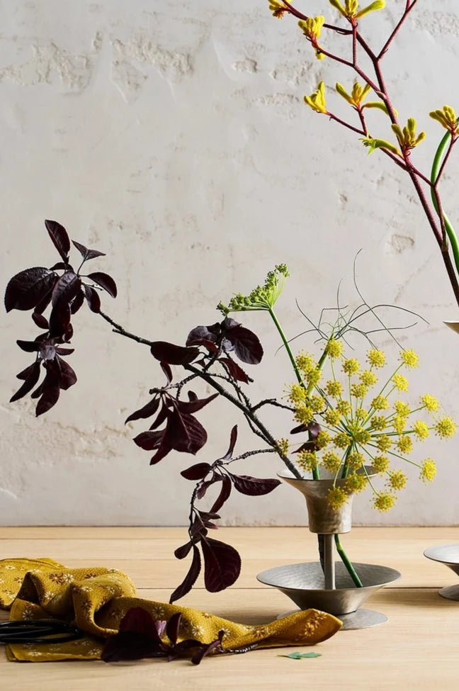 The Floral Stem Holder Small by The Collective housing a branch with burgundy leaves and also flowering Dill. 