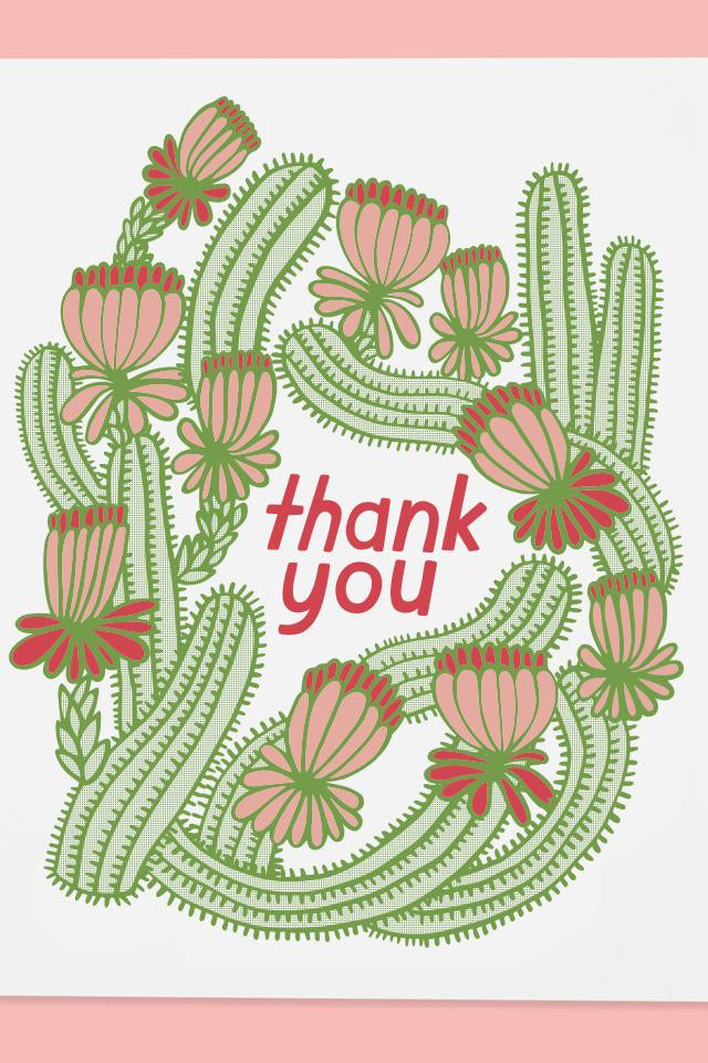 Cactus Thank you card by The Good Twin featuring an illustration of a winding cactus with a Thank you in the middle. 