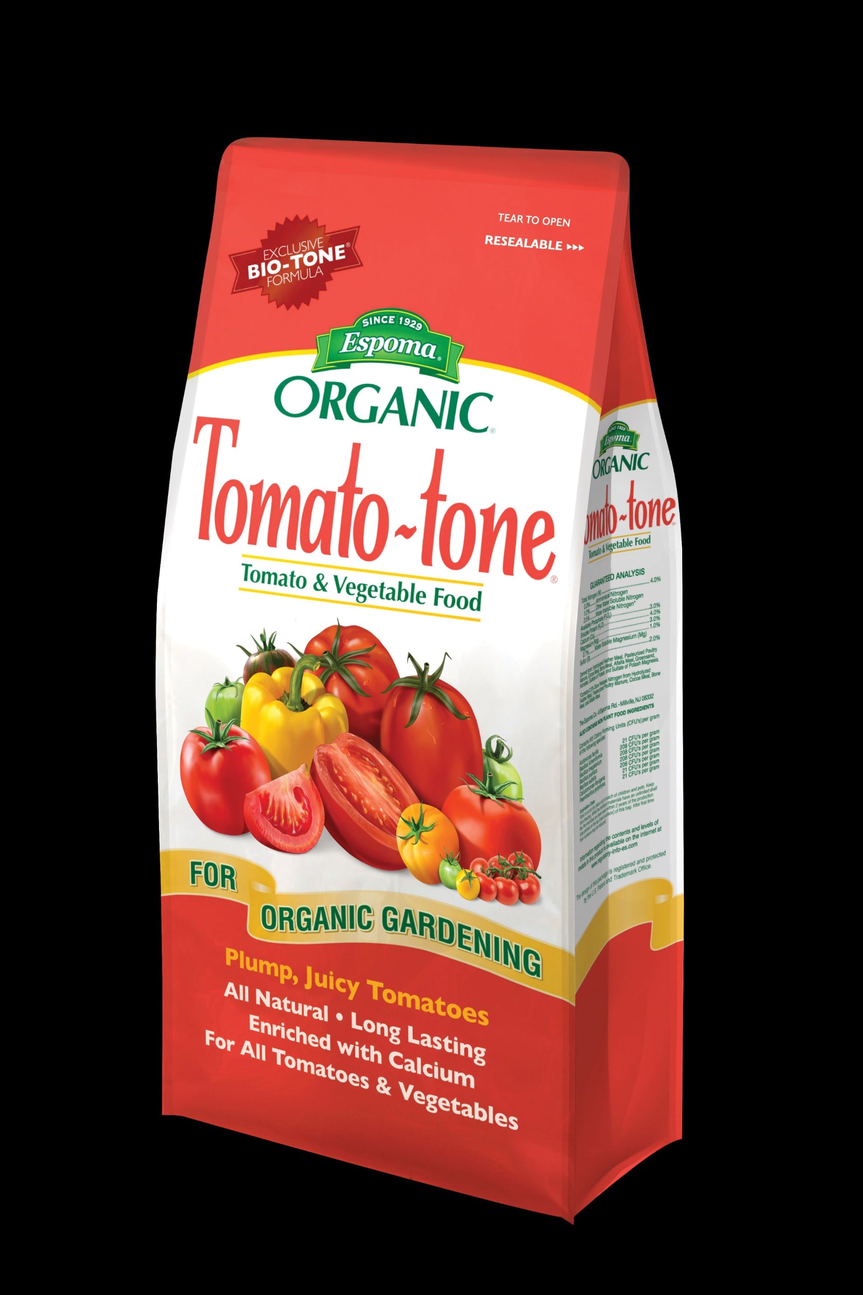Espoma Organic Tomato-tone fertilizer package on a black background ©Espoma