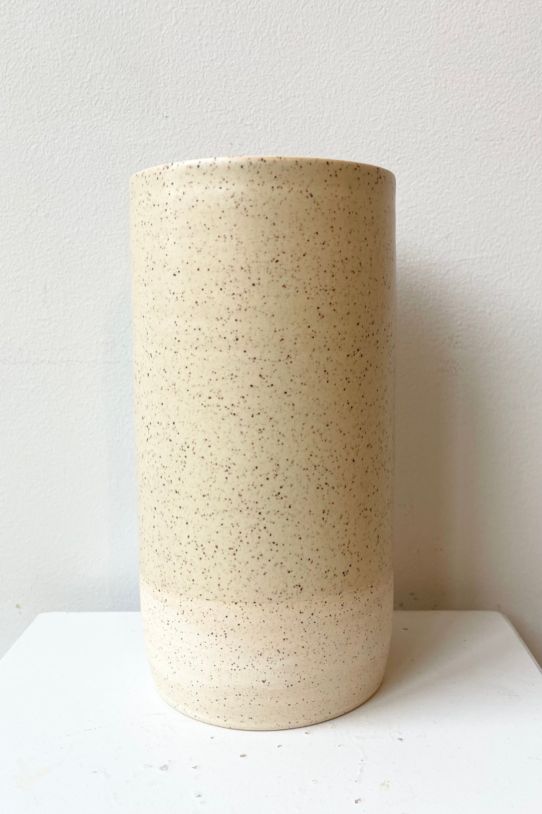 The Butter Speckle Jacqueline Vase Large at Sprout Home sitting against a white wall. ©Sprout Home