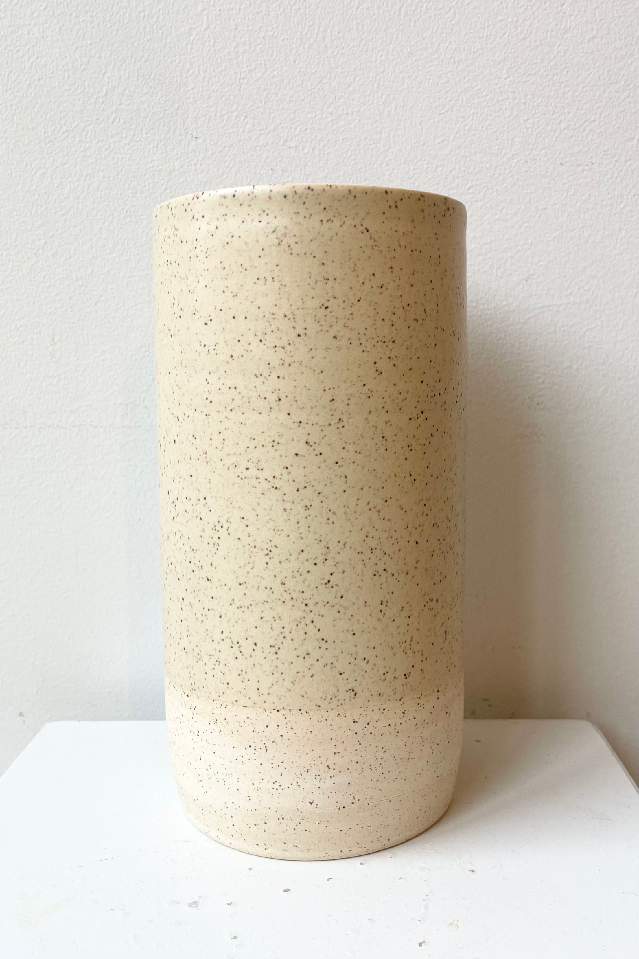 The Butter Speckle Jacqueline Vase Large at Sprout Home sitting against a white wall. 