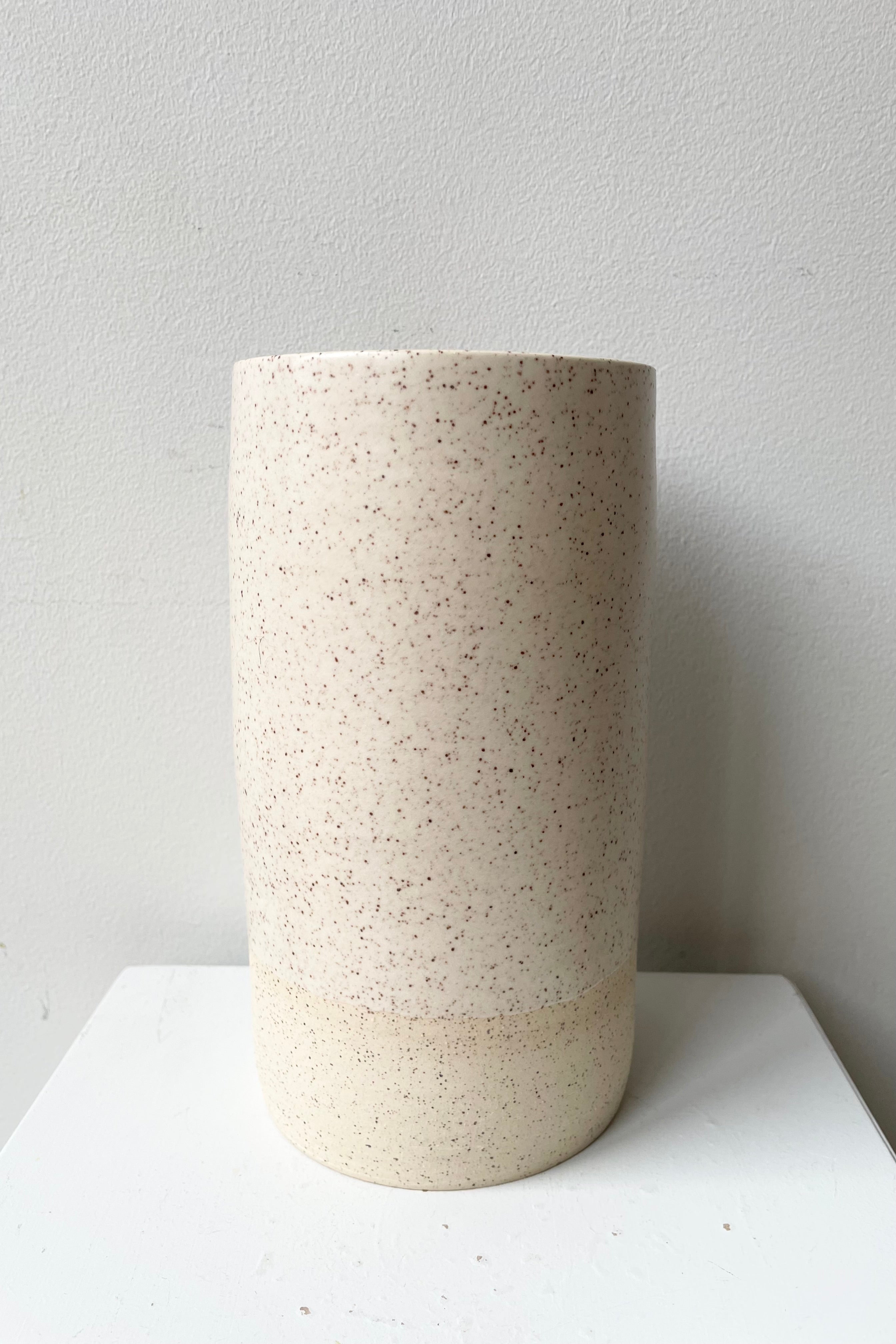 The Jaqueline vase in Cream Speckle large against a white wall at Sprout Home. 