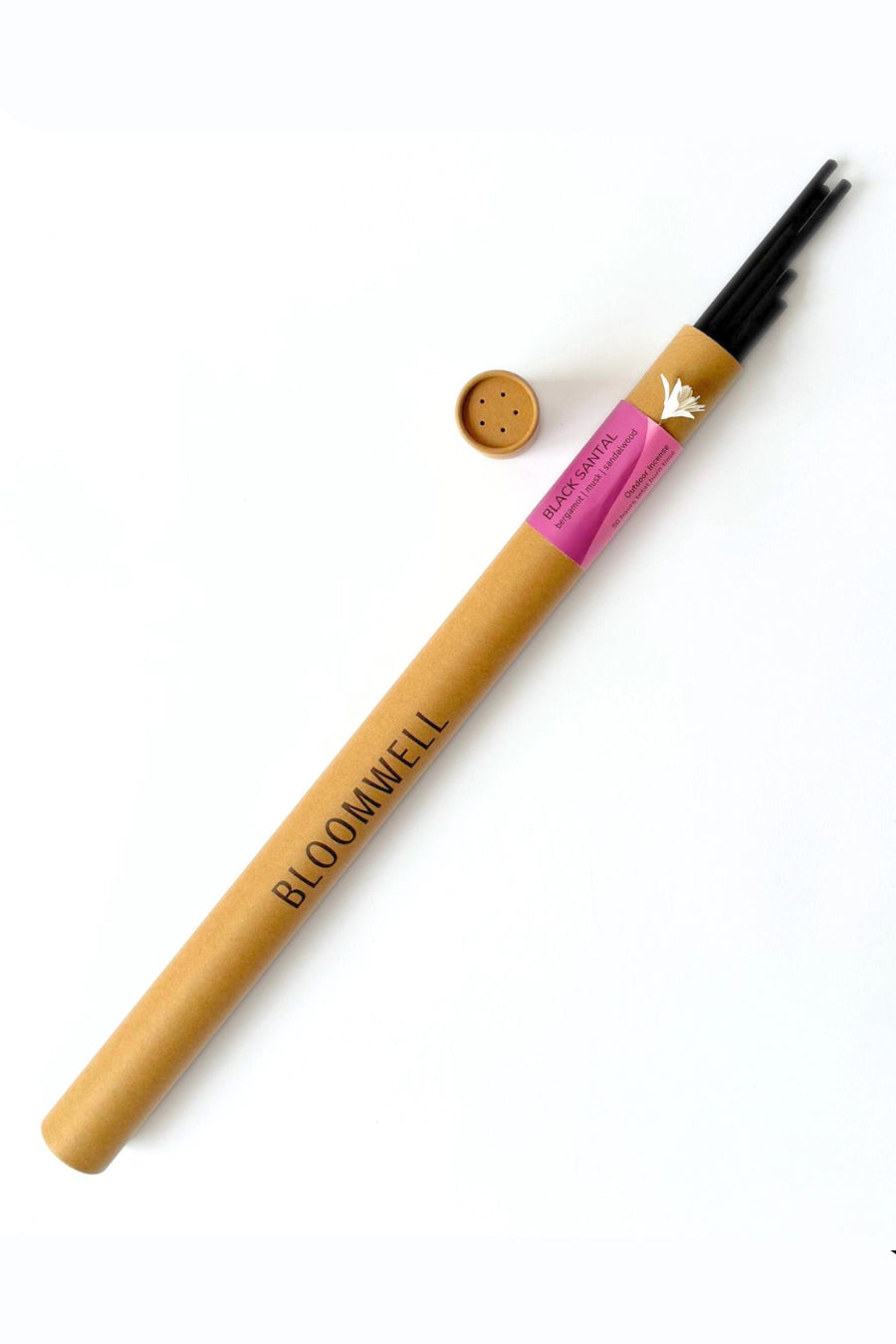 Santal Bloomwell incense pack with pink cap and visible brand name on a white background ©Bloomwell