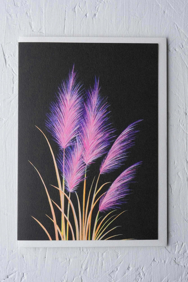 Pink Pampas greeting card by Stengun Drawings viewed from the front spotlighting the pink grass and blades. 