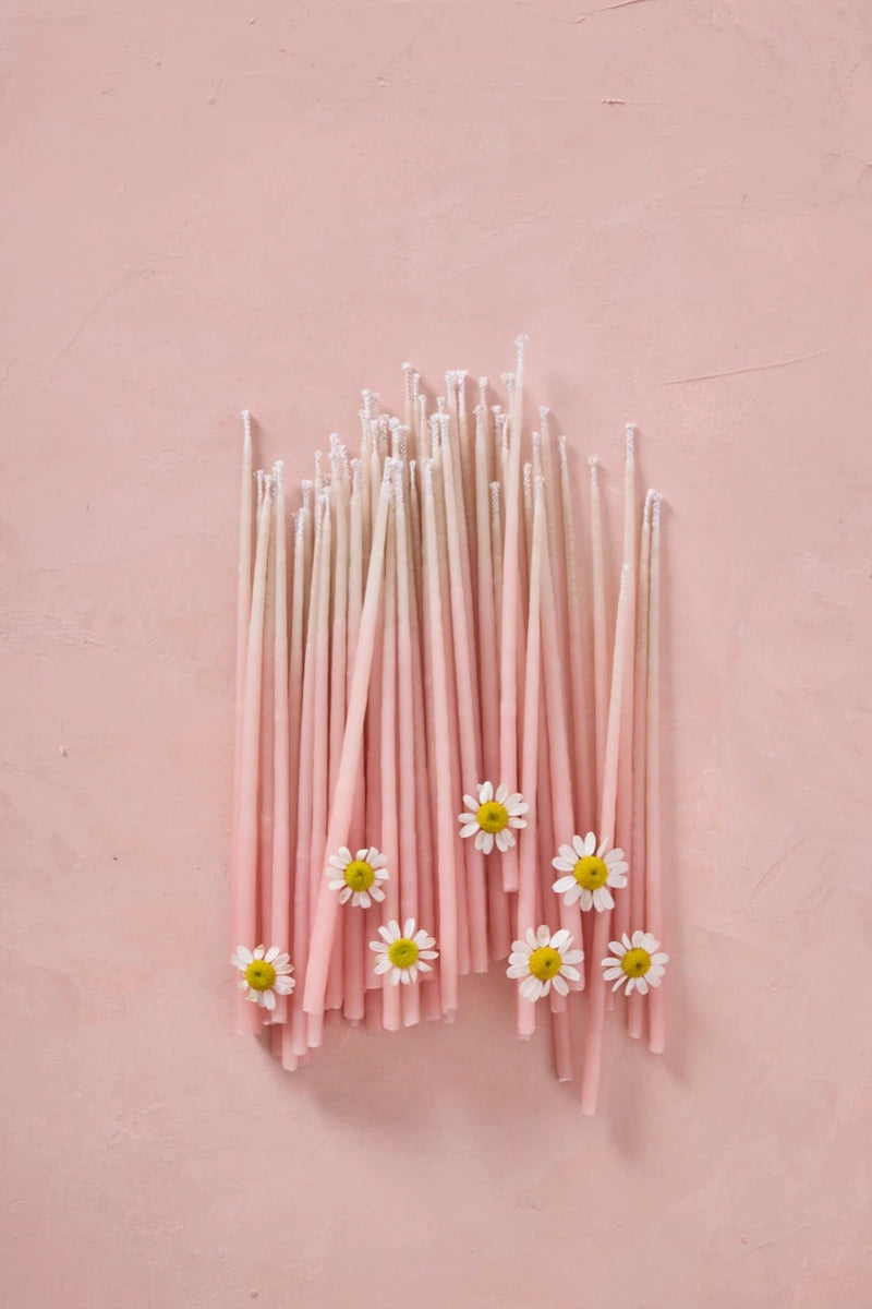 Knot & Bow Tall Ombre Pink beeswax candles with chamomile flowers