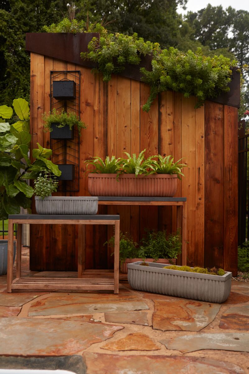 Tyndall Planter Small Terracotta with ferns and surrounded by gray Tyndall planters ©Accent Decor