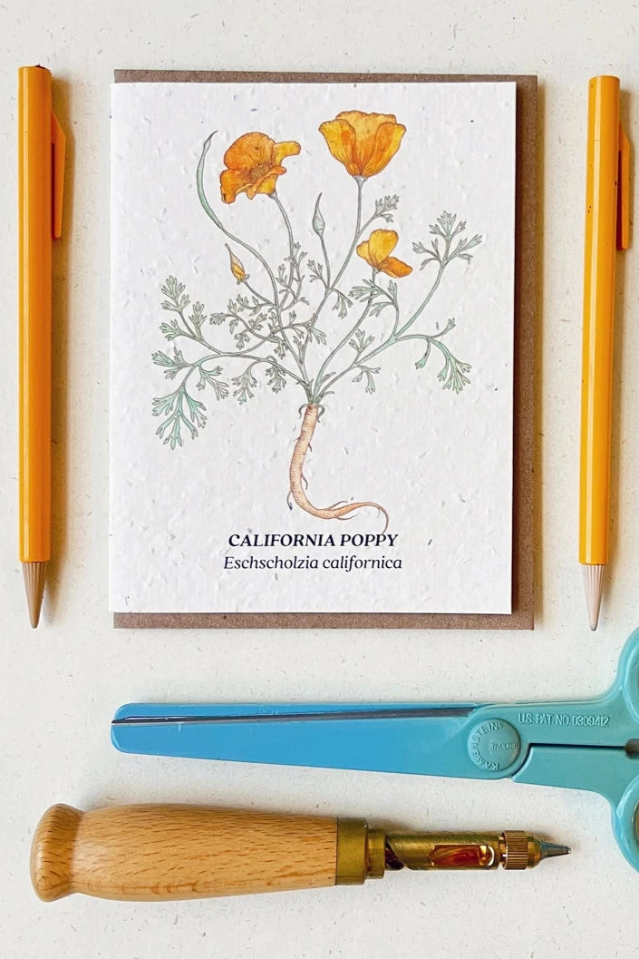 The California Poppy card showing the front of the card laying flat and surrounded with writing implants and a pair pf scissors