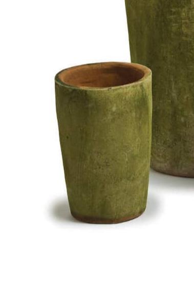 Aged Cylinder planter terracotta with moss growing on it