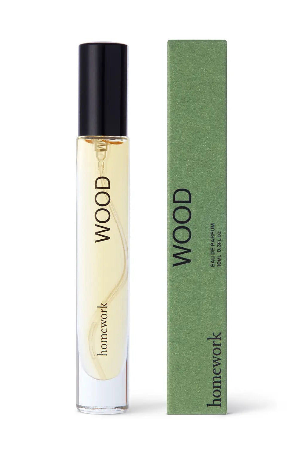 Perfume bottle labeled 'WOOD' by 'homework' with a green box on a white background ©Homework