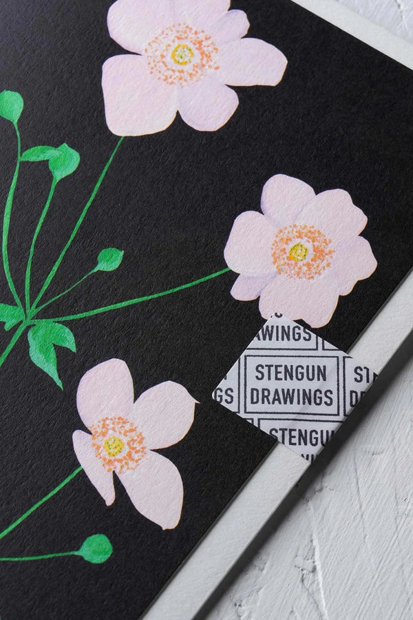 Anemone greeting card by Stengun Drawings showing the corner up close the the closing tab.