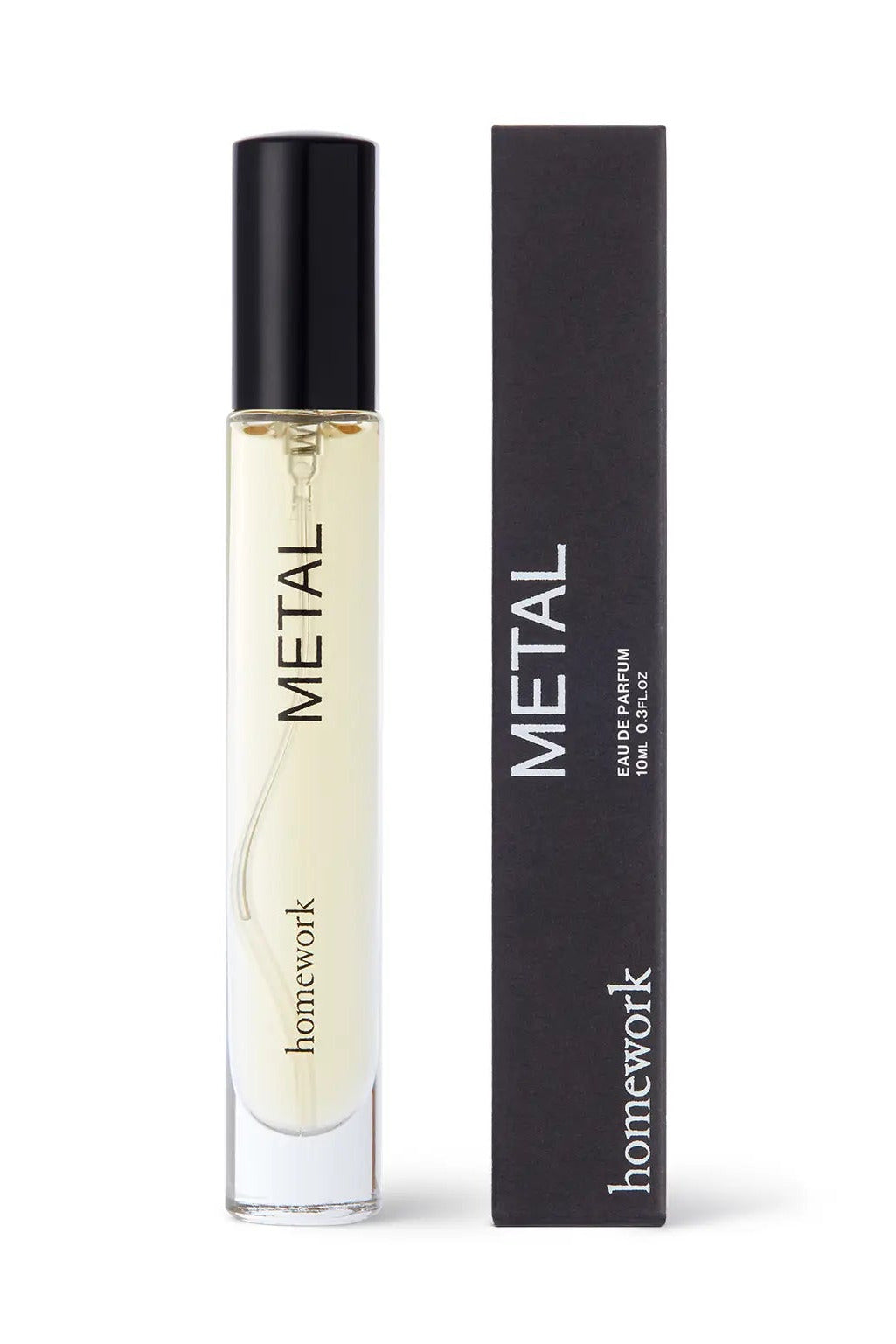 Perfume bottle labeled 'Metal' by 'homework' with a matching black box on a white background ©Homework