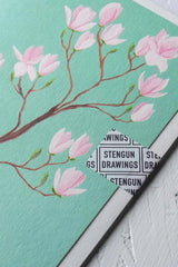 Magnolia Greeting card by Stengun Drawings upper right corner detail showing the light pink flowers up close. 