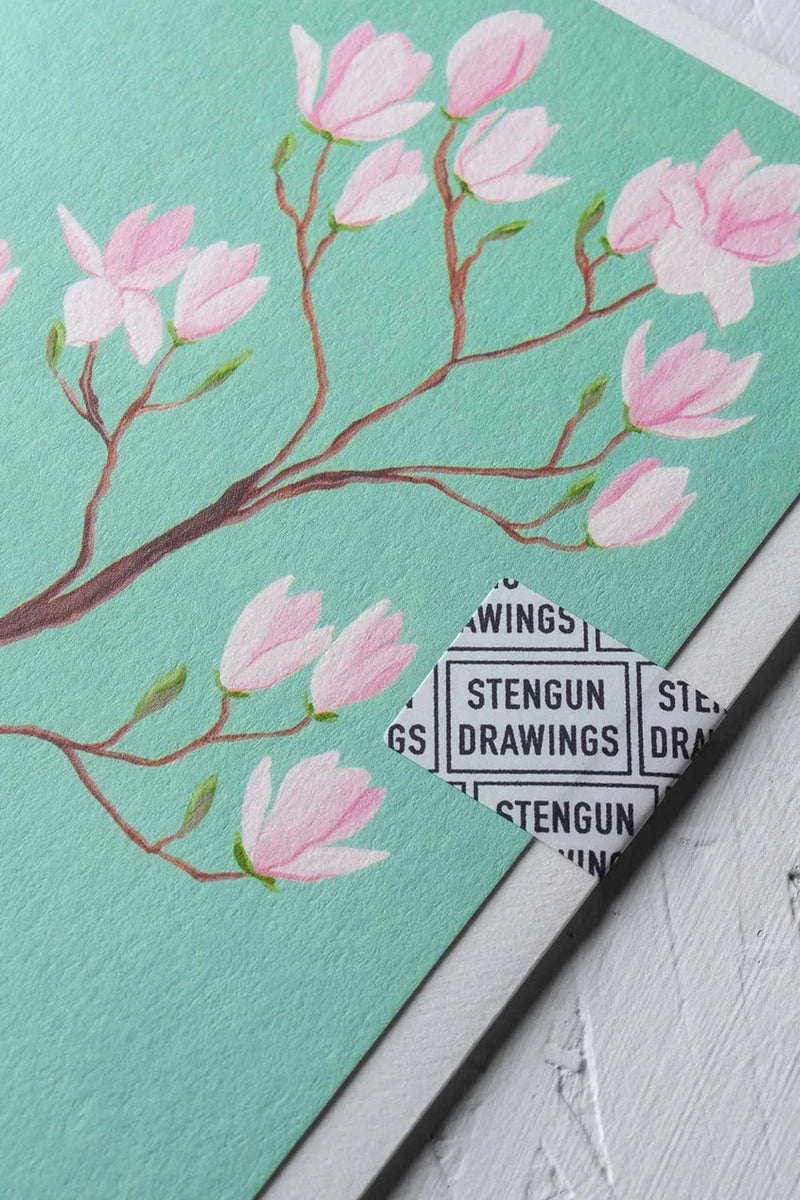 Magnolia Greeting card by Stengun Drawings upper right corner detail showing the light pink flowers up close. 