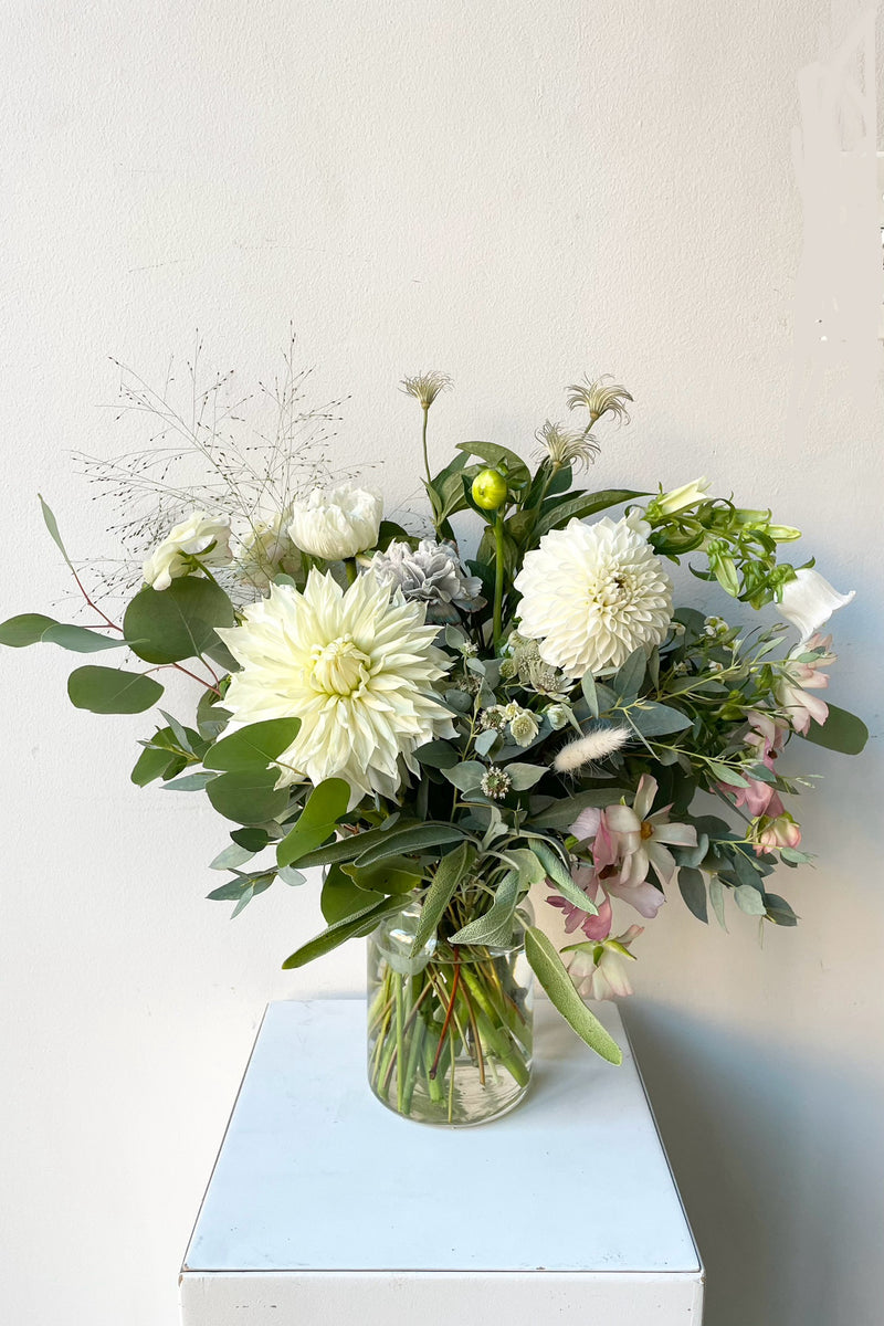 Sprout Home Bleached custom arrangement in September featuring white dahlia