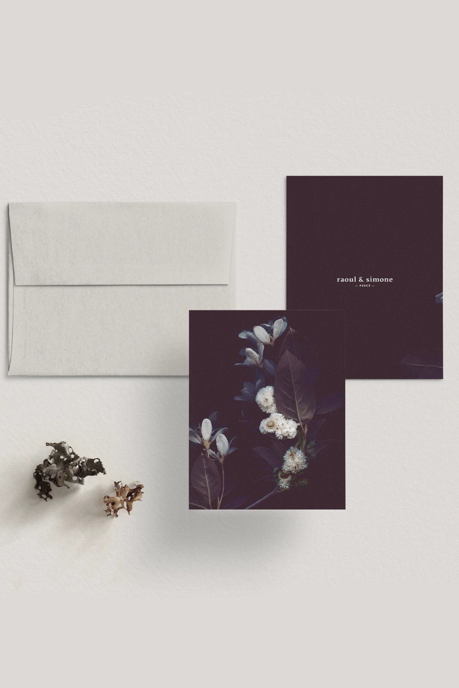Floral Nocturne card with envelope on a light gray background ©Raoul & Simone