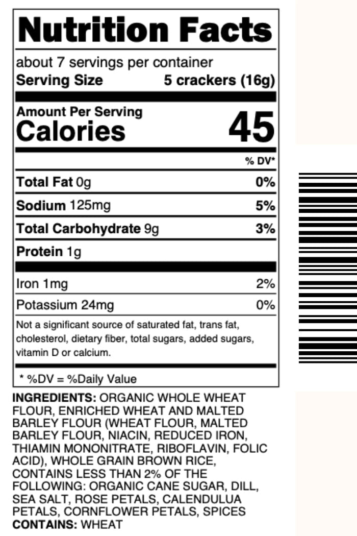 Nutrition facts label for No 1 Artisanal crackers with a barcode and ingredient list. ©Flouwer Co