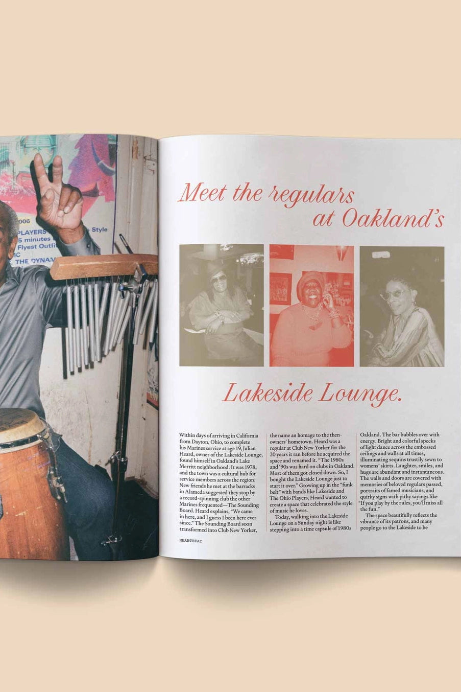 Heartbeat Magazine: Music, Sound, Emotion Open magazine showing a man playing drums with text about Oakland's Lakeside Lounge. ©Broccoli