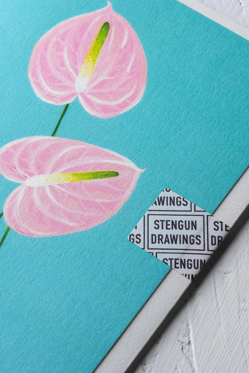 Anthuriums greeting card by Stengun Drawings showing a detail of the top right corner with the stengun drawing seal.