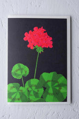 Barbican Geranium Greeting Card by Stengun Drawings shown from the front on white wall. 