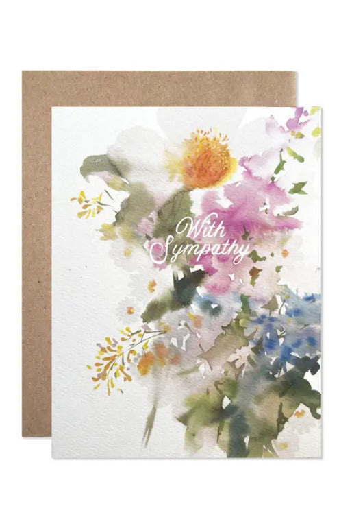 Greeting card with floral design and 'With Sympathy' text, featuring a brown envelope. ©Hartland Cards