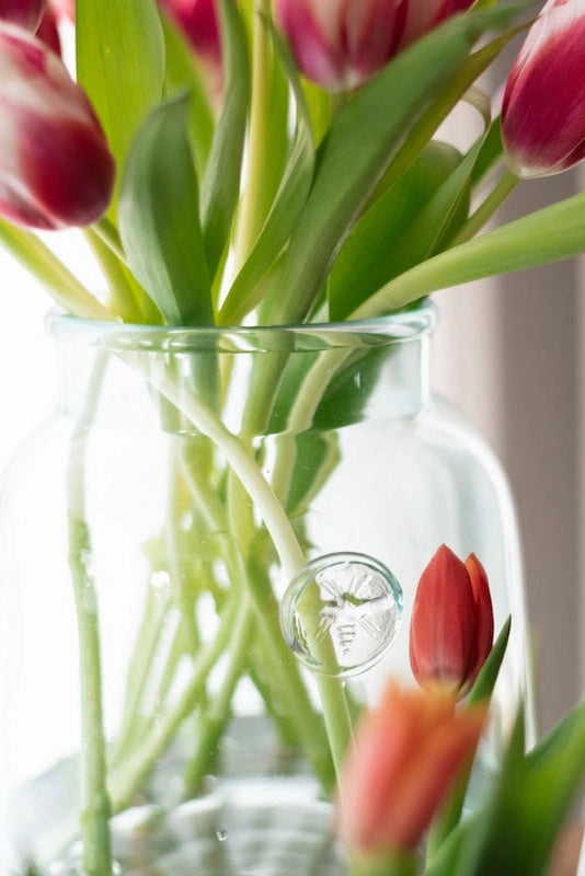 Clear glass vase with pink and red tulips on a blurred background ©Etu Home