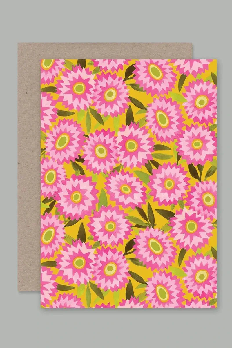 Strawflower card by AHD Paper Co with pink graphic illustrated strawflowers on yellow