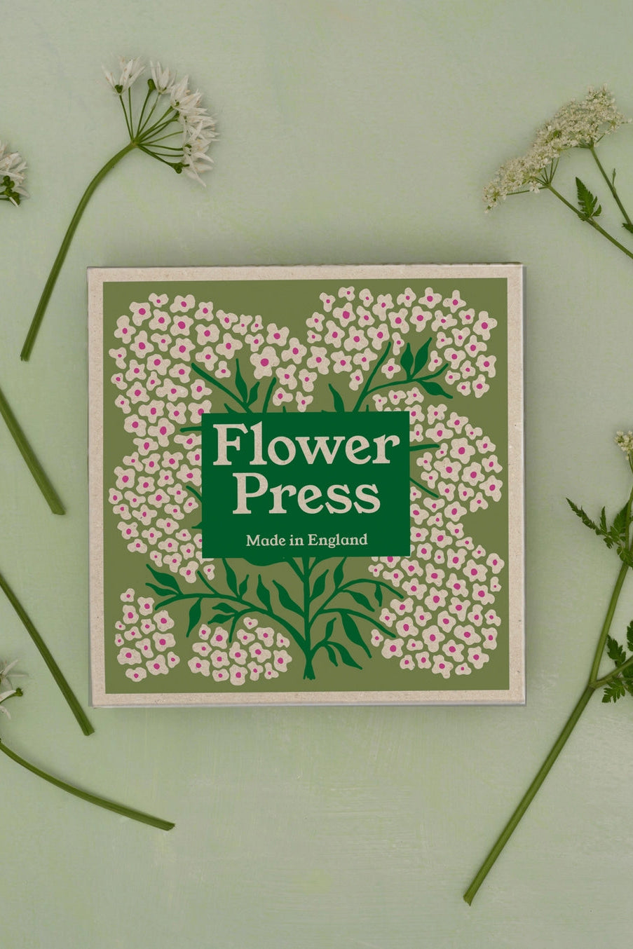 Flower press with floral design on a light green background with flowers around it ©Studio Wald